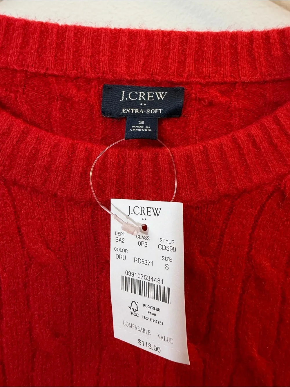 J. Crew NWT Mens Extra-Soft Cable Knit Crewneck Sweater Red Small Christmas